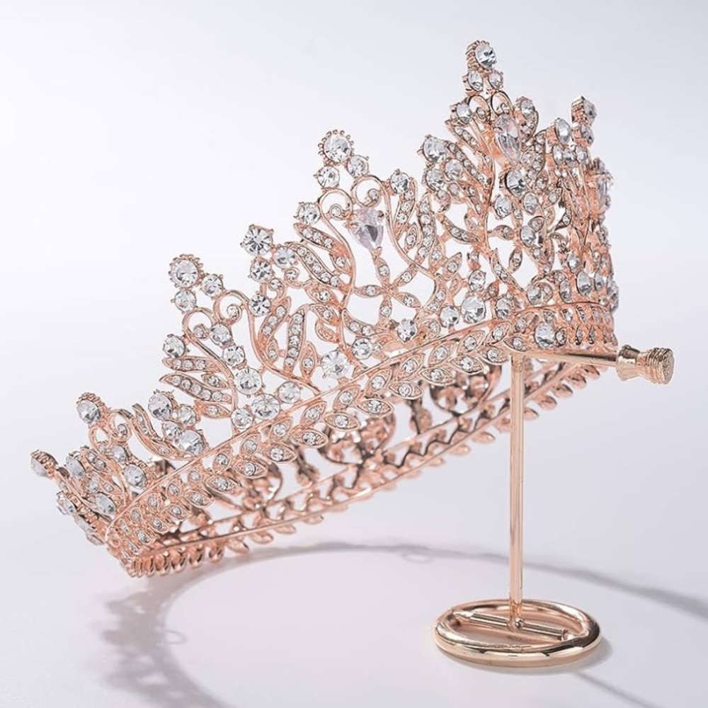 Rose Gold and Crystal Bridal Crown with Pin Loops - Picture 2 of 7